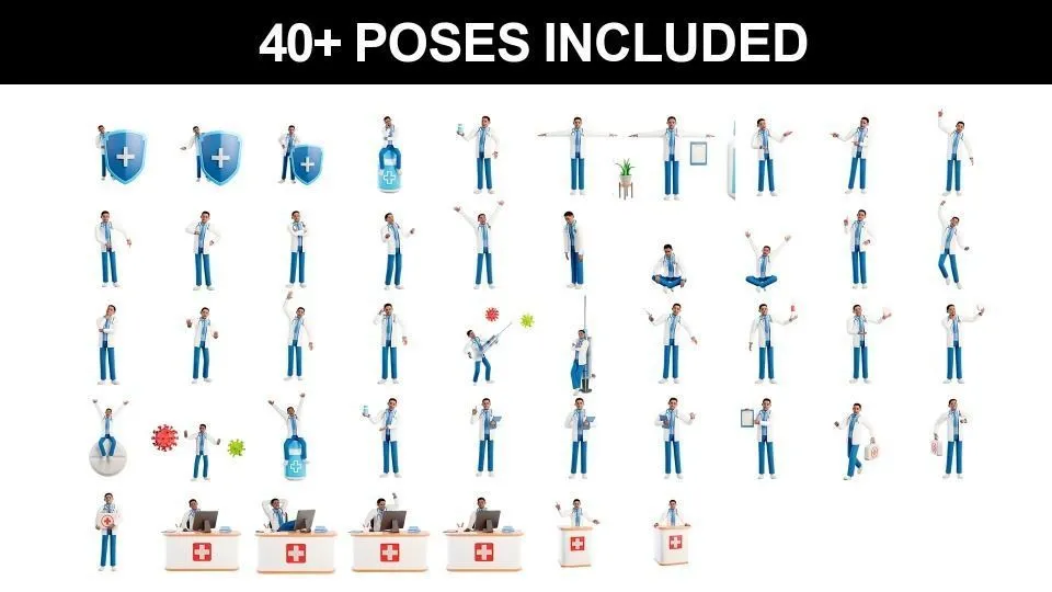 40+ pre-made poses for Cartoon Black Doctor Man